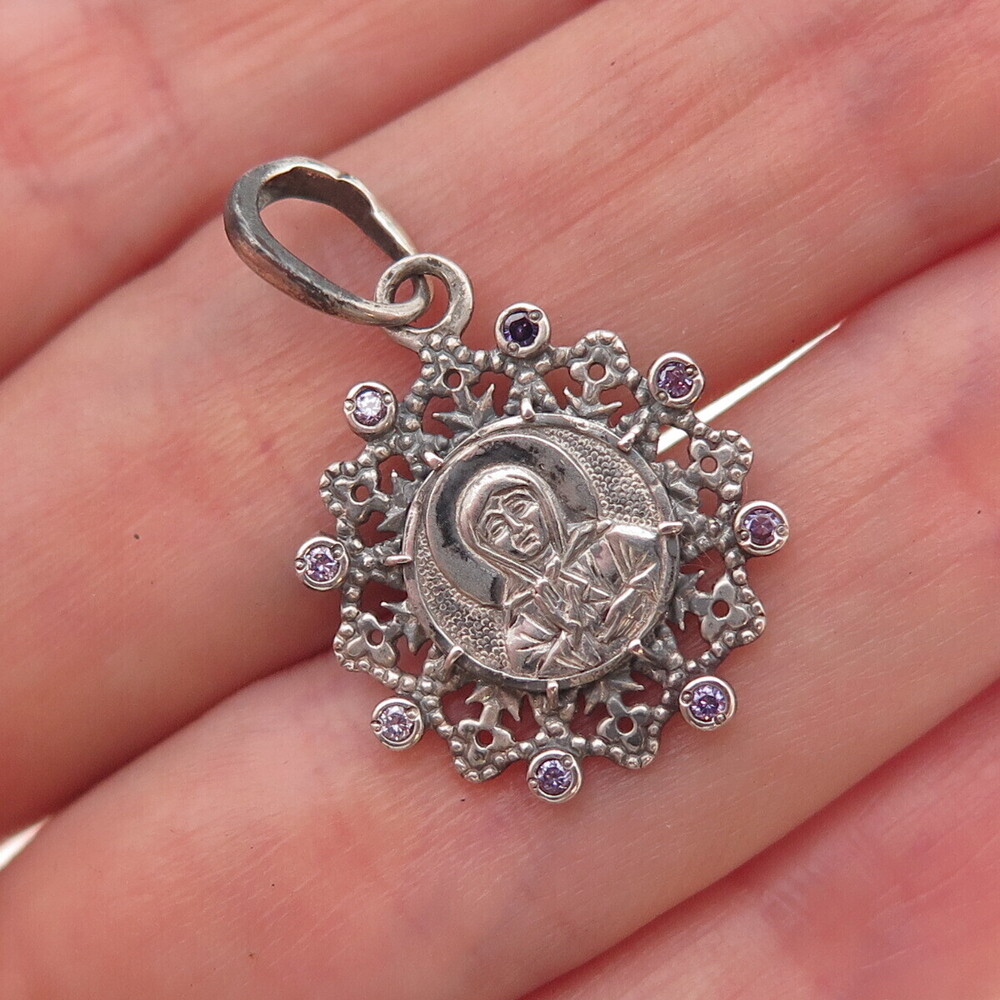 925 Sterling Silver Vintage Purple C Z St. Mary Orthodox Charm Pendant